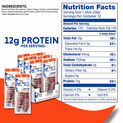 2.75 (Pack 6) Bavarian Meats Landjaeger Meat Sticks, Smoked Sausage Protein Snacks, Zero Sugar, Great Source
