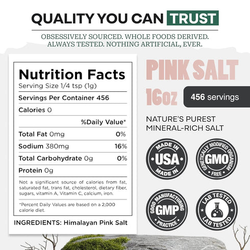 16 oz 100% 80+ Wild Foods Organic Pink Himalayan Salt, Fine Ground for Table and Cooking, | Real, Pure, Unrefined |