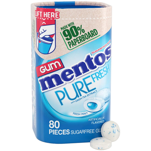 Mentos Pure Fresh Sugar-Free Chewing Gum with Xylitol, Fresh Mint, 80 Piece in Recyclable Paperboard Bottle