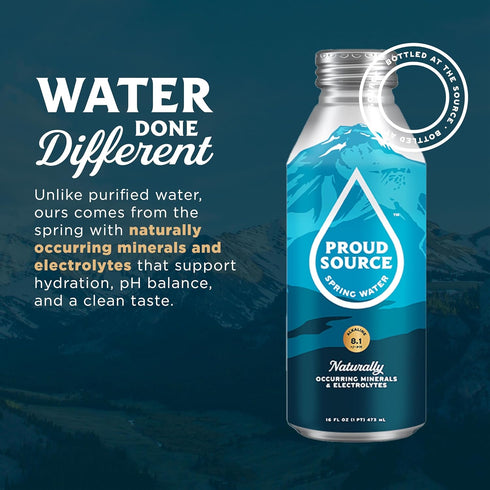 16 Oz (Pack 6) Proud Source Alkaline Spring Water - Rocky Mountain Sourced Mineral Water with Electrolytes, BPA-Free