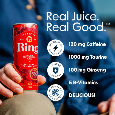 (12oz/12pk) 5 120mg BING Energizing Juice Beverage Original Cherry Made with REAL Juice! Low Calorie; B-Vitamins