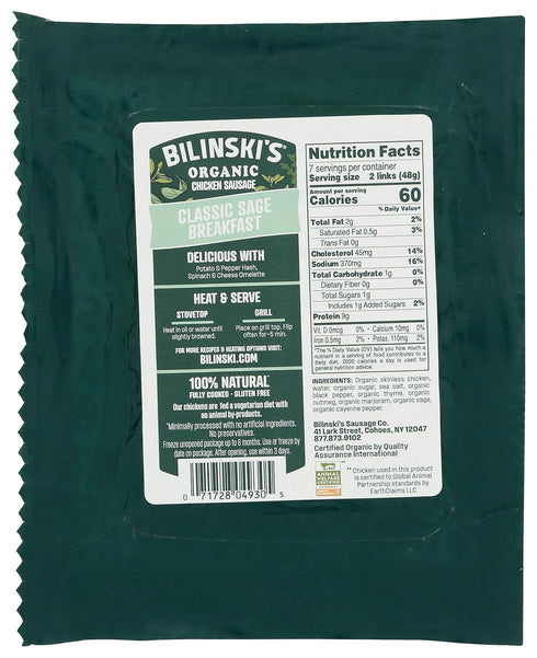 12 Bilinski, Organic Sage Chicken Breakfast Sausage, Ounce