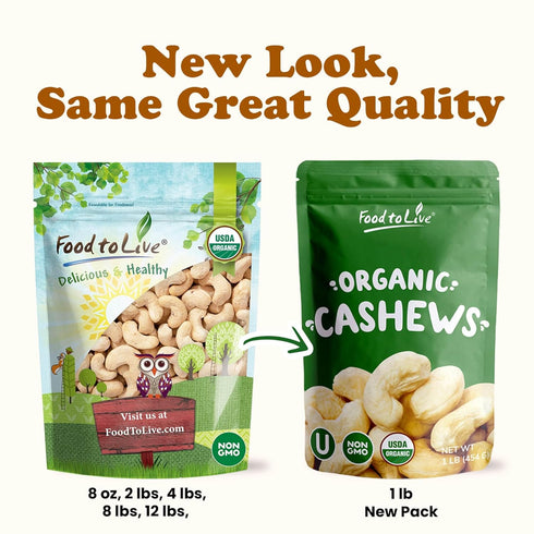 8 W-240, Food to Live Organic Cashews, Ounces Whole, Size Unsalted, Non-GMO, Kosher, Raw, Vegan, Bulk