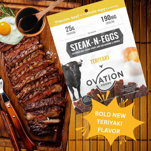 (25g 1.6oz Ovation Foods Steak-N-Eggs Beef Strips, Zero Sugar, High-Protein Jerky premium protein), Gluten Free, KETO