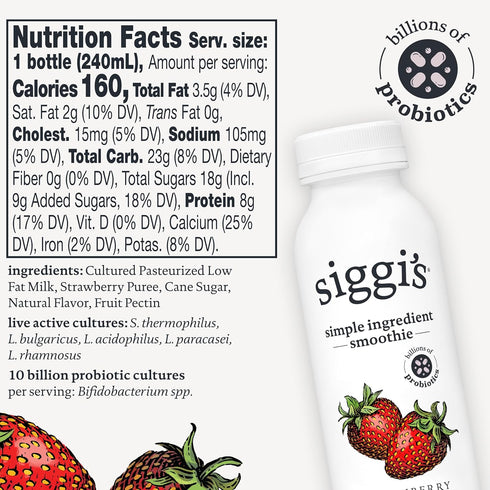 8 oz. 5 siggi's Probiotic Drinkable Whole Milk Yogurt, Strawberry, Single Serving, Only Ingredients