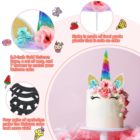 Unicorn Cake Topper, Handmade Rainbow Horn Happy Birthday Party Decoration Supplies, Reusable Cake Toppers with
