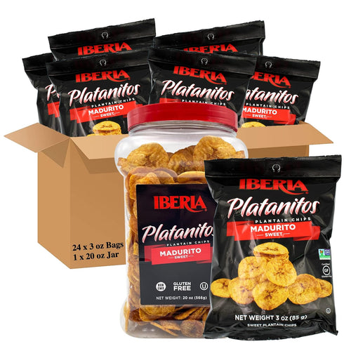 Iberia Plantain Chips Jar Naturally Sweet Maduritos, (1.75 lb) + Iberia Maduritos