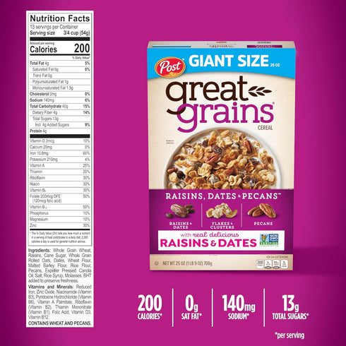 Great Grains 25 OZ (Pack 3) Post Raisins Dates and Pecans Breakfast Cereal, Raisin Cereal with Sweet Dates and Granola
