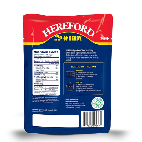 10g 6oz 12) Hereford Beef Taco Filling | Shelf Stable | Halal | Fully Cooked | Ready-to-Eat | of Protein per Serving |