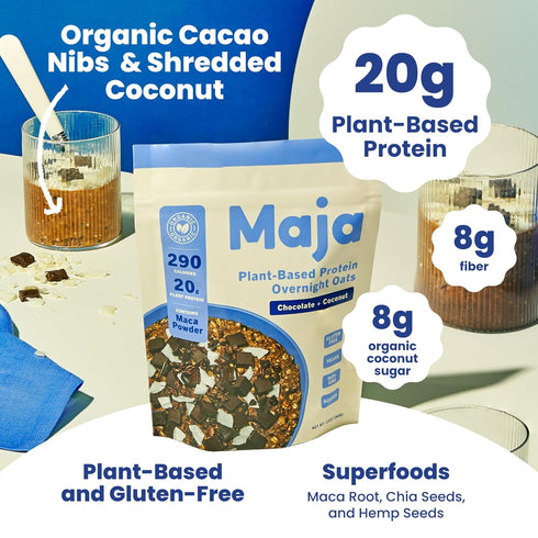 13 oz (2-Pack) 20g Maja Organic Plant-Based Protein Cacao & Coconut Overnight Oats Multi-Serve | Protein, Vegan