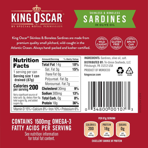 4.38 (Pack 12, Packaging King Oscar Sardines in Olive Oil, Ounce Cans of May Vary), Skinless & Boneless, Wild Caught