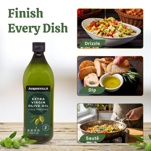 1L Agrosevilla Cold Pressed Extra Virgin Olive Oil, Spanish EVOO, Non GMO EVOO for Cooking, Dressing & Finishing