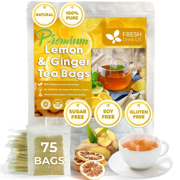 Premium 75 Lemon Ginger Tea Bags: 100% Natural Ingredients, Eco-conscious Herbal Tea, No Sugar, No Caffeine