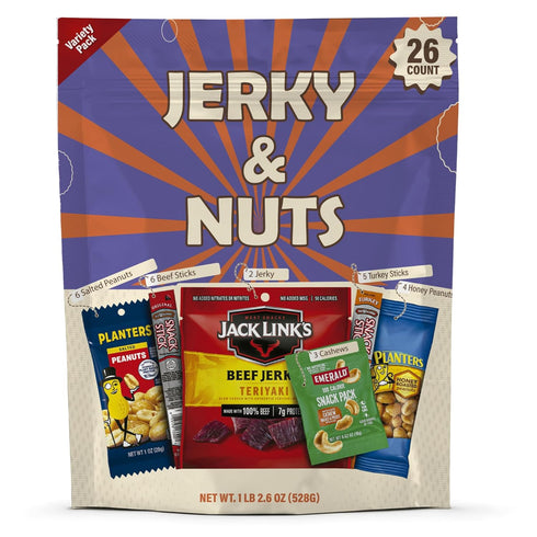 Yummey Jerky & Nuts Variety Pack (26 Count) Beef Jerky, Beef Sticks, Turkey