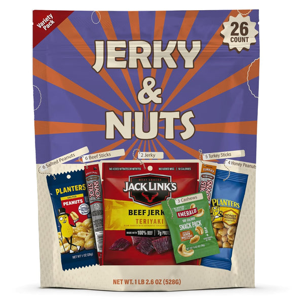 Yummey Jerky & Nuts Variety Pack (26 Count) Beef Jerky, Beef Sticks, Turkey