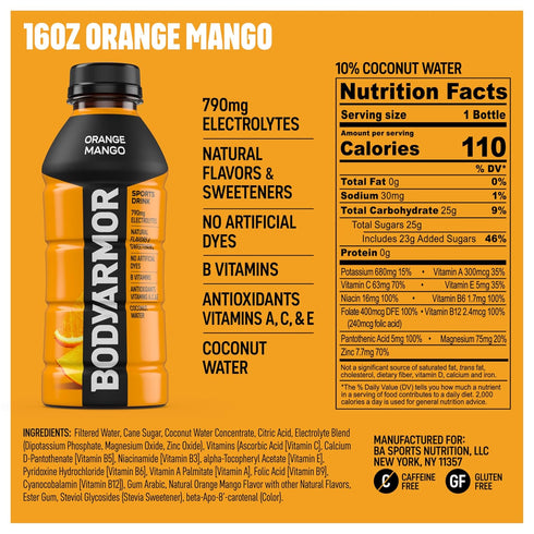 Potassium-Packed 16 Oz (Pack 12) BODYARMOR Sports Drink Sports Beverage, Orange Mango, Coconut Water Hydration, Natural