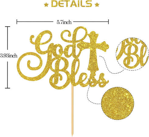 Gold Glitter God Bless Cake Topper for Communion Party Sign, Baptism, Christening, First Baby Shower Decoration