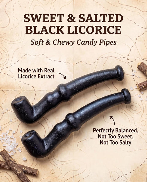 60, La Pipette Gourmet Black Licorice Pipes - Old Fashioned Individually Black Wrapped Candy Liquorice - Sweet