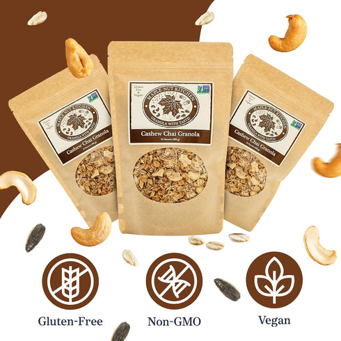 3 Pack Maple Nut Kitchen Gluten Free Chai Granola with Cashews Certified Gluten Free Oats, Shredded Coconut, Sunflower