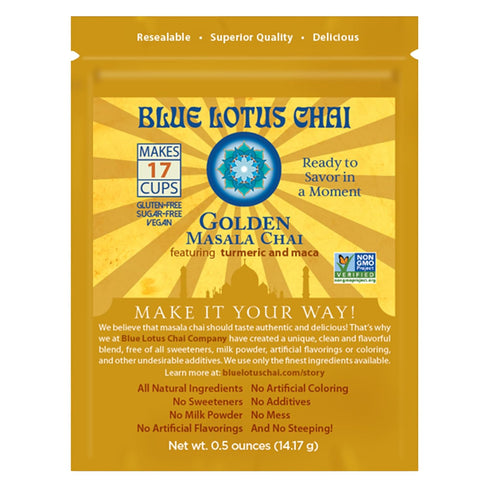 Blue Lotus Chai - Golden Masala Flavor Chai, Makes 17 Cups, 0.5 Ounce Masala Spiced Chai Powder, Instant Indian Tea