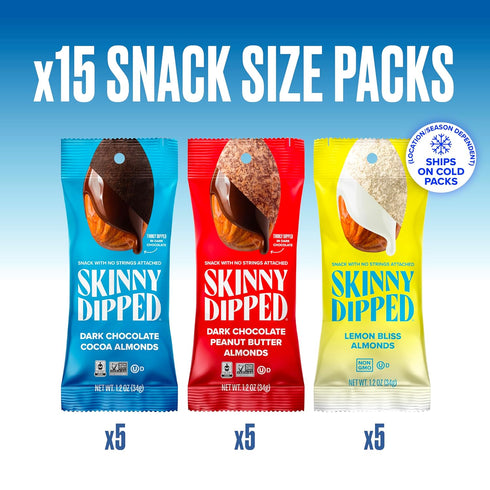 Pack, 1.2 (Pack 15) SkinnyDipped Snack Attack Almond Variety Chocolate Covered Almonds, Low Sugar, Gluten Free, Healthy