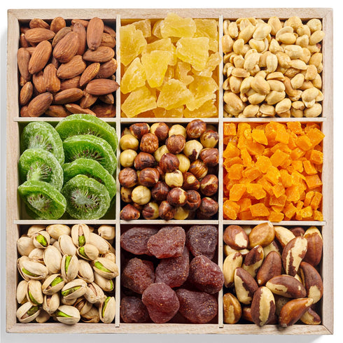 9 Package Nuts and Dried Fruit Platter - Variety Mix - Classy Gift Basket - Gourmet Food for Birthday, Sympathy, Get