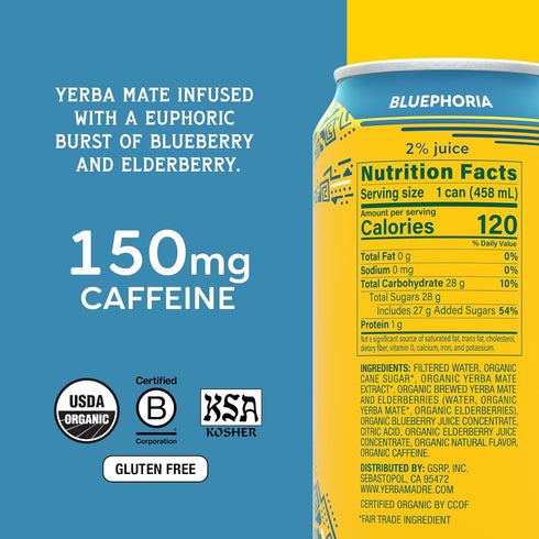 150mg 15.5 Oz (Pack 12) Yerba Madre Organic Yerba Mate, Bluephoria, Natural Caffeine, Energy Drink Alternative, No