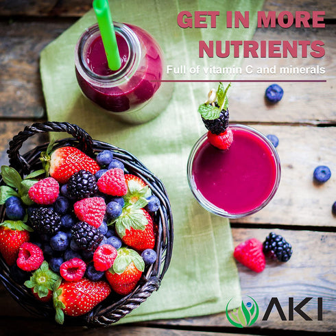 AKI 4-Berry Blend Superfood, Blueberry, Raspberry, Strawberry & Blackberry, 5.29oz/150g, Sugar-Free for Smoothies