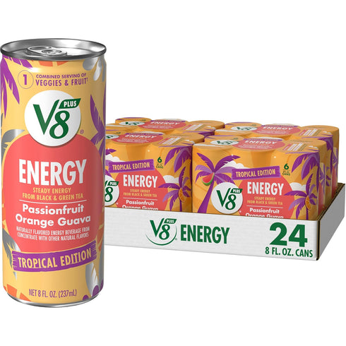 V8 +ENERGY Passionfruit Orange Guava Juice Energy Drink, 8 fl oz Can (24 Pack)