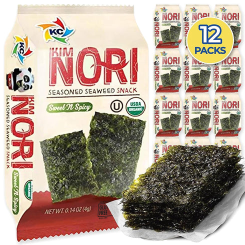 KIMNORI Organic Sweet 'N Spicy Seasoned Seaweed Snacks Sheets, 12 Individual Packs, 4g 100% Natural Laver