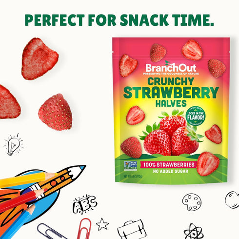 100% 6 oz BranchOut Crunchy Strawberry Halves, Fruit, Real Dried Strawberries No Added Sugar, Better than Freeze Dried
