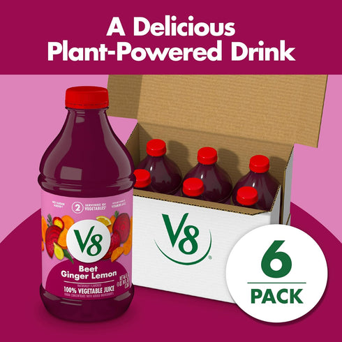 V8 100% 46 OZ (Pack 6) Beet Ginger Lemon Vegetable Juice, Naturally Flavored Vegetable Juice From Concentrate, FL