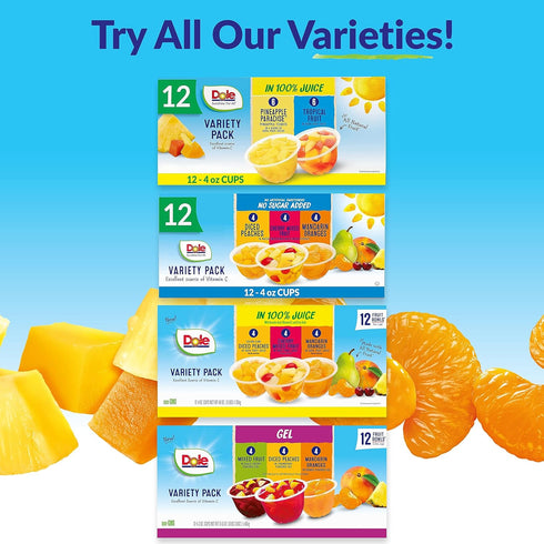 100% Pack 4oz 12 (Pack 2) Dole Fruit Bowls in Juice Variety Snacks, Peaches, Cherry Mixed Fruit, Mandarin Oranges