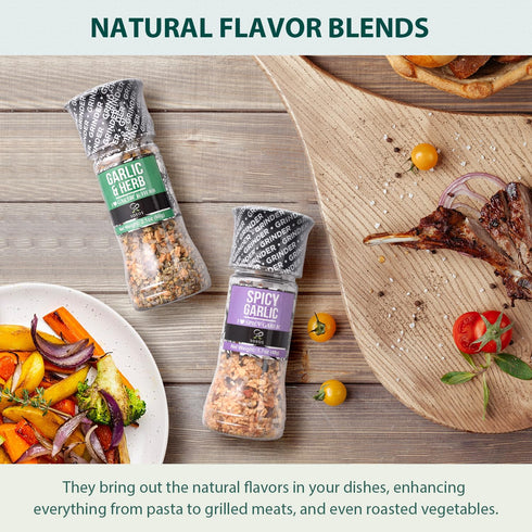 Soeos Spice Seasoning Set of 3 with Integrated Grinders: Spicy Garlic, Garlic & Herbs, Garlic Salt, Seasoning Gift Set
