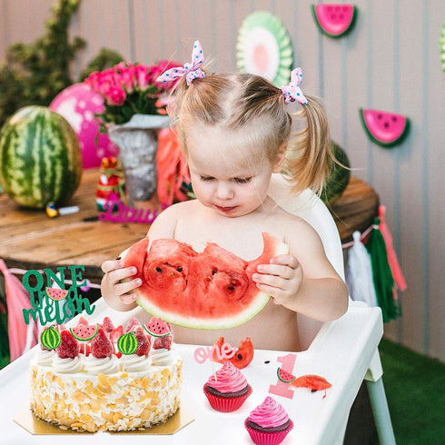 Set of 27 Glitter Watermelon Cake Cupcake Toppers, One in a Melon Birthday Party Decor, Kids Party Supplies for Baby