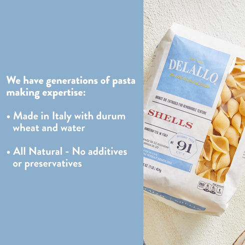 1 4 Pack, 9 DeLallo Conchiglie Pasta Shells, Pound Bag, Conch Shape, Made with Durum Wheat Semolina Flour, Cooks
