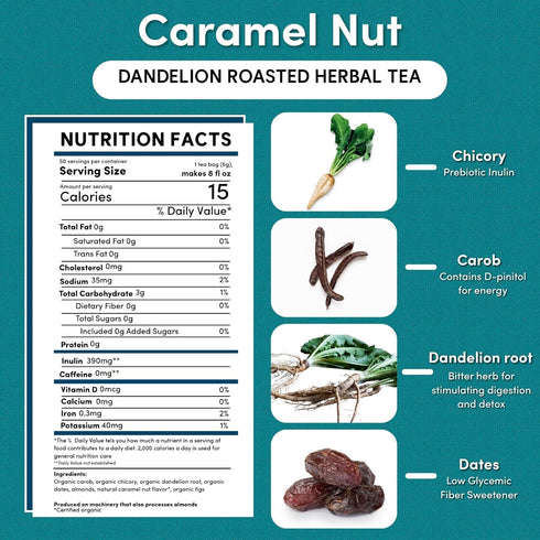 3x 50 Teeccino Dandelion Caramel Nut Tea - Caffeine Free, Roasted Herbal Tea with Prebiotics, More Herbs than Regular