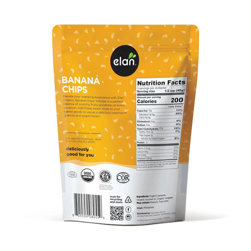 4.8 oz, Elan Organic Banana Chips, Non-GMO, Vegan, Gluten-Free, Kosher, Sweetened with Organic Sugar, Crunchy Snacks