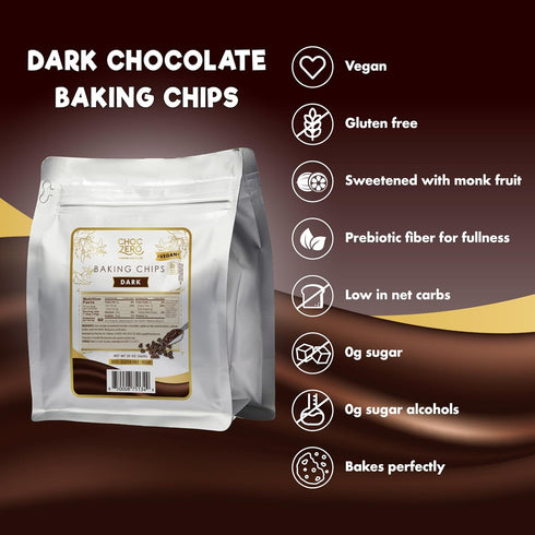 20 oz ChocZero Dark Chocolate Chips, Sugar Free, Vegan, Keto & Low Carb, Gluten Free, No Sugar Alcohols, Bag for Baking