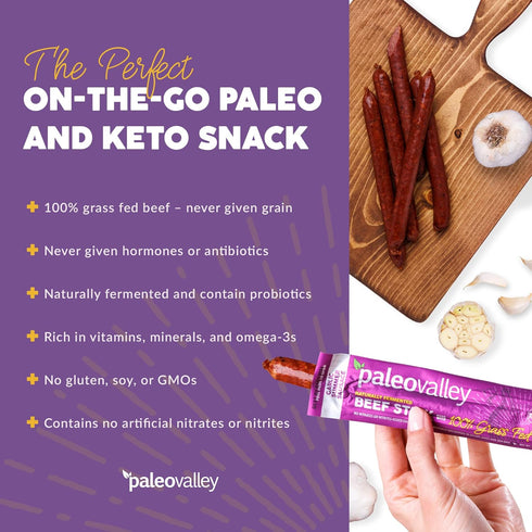 100% Summer Paleovalley Grass Fed Garlic Sausage Beef Sticks - Delicious Gluten Free Beef Snack - High Protein Keto