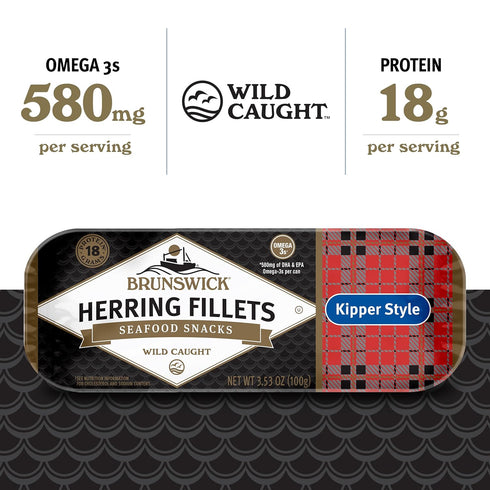 3.53 oz (Pack 12) 18g Brunswick Boneless Kipper Style Herring Fillets, Can of - Protein per Serving - Gluten Free, Keto