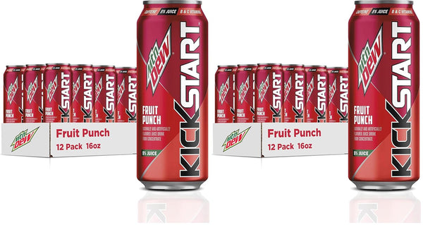 Mountain Dew Kickstart,Fruit Punch,92mg Caffeine,Vitamins B & C,80 Calories,5% Juice,16 fl oz,(Pack