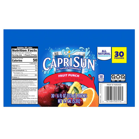 30 6 oz Capri Sun Fruit Punch flavored Juice Drink Blend, ct Box, fl Pouches