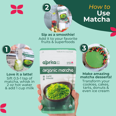 AprikaLife Organic Matcha Powder, USDA & JAS Certified, No Sugar Added, 3.5 oz/100g for Lattes & Baking