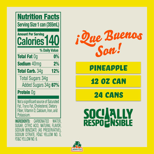 (12 oz, 355ml) 24 (3 8) 0g Jarritos - Mexican Soda Soft Drinks, Pineapple Cans Boxes of - Real Cane Sugar - Fat - Made
