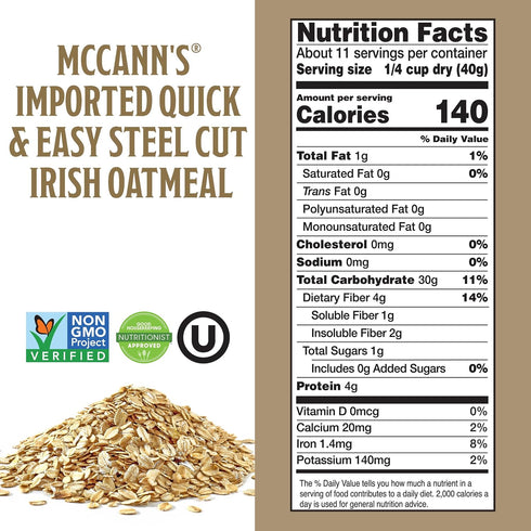 16 (Pack 12) McCann's Irish Oatmeal, Quick & Easy Steel Cut Oats, Ounce
