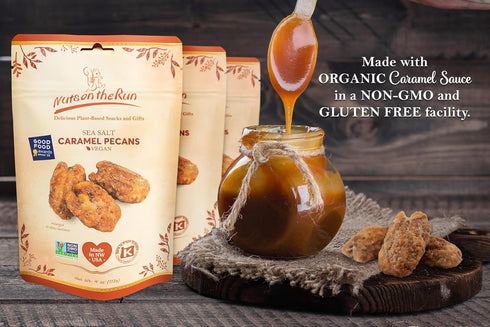 4oz (Pack 3 Nuts on the Run Sea Salt Caramel Pecan Pralines Candied Pecans with Salted Caramel - Vegan, Gluten-Free