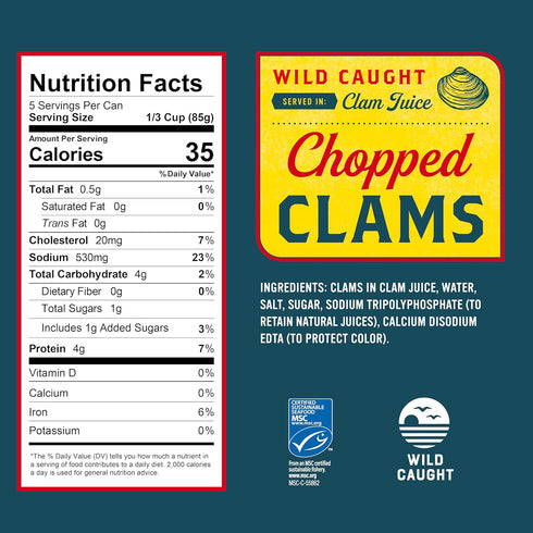 15 oz (Pack 12) 4g 99% Snow's Wild Caught Chopped Clams Canned, Can of - Served in Clam Juice - Protein Per Serving
