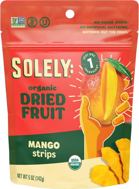SOLELY Organic Dried Mango Strips - 2.8 oz Resealable Bags, Pack of 4, Healthy Snacks