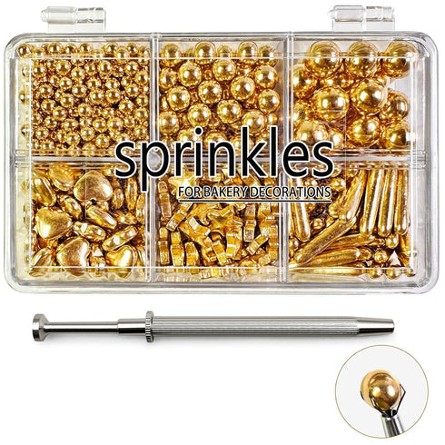 Gold Sprinkles with 4-Claw Pick up Tool, Pearl Sprinkles Mix for Cake Decorating, Baking, Cupcake Toppers, Cookie
